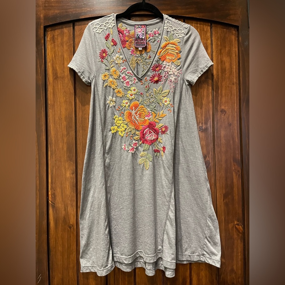 JOHNNY WAS Adeline Gray Floral Embroidered Tunic Swing Dress
